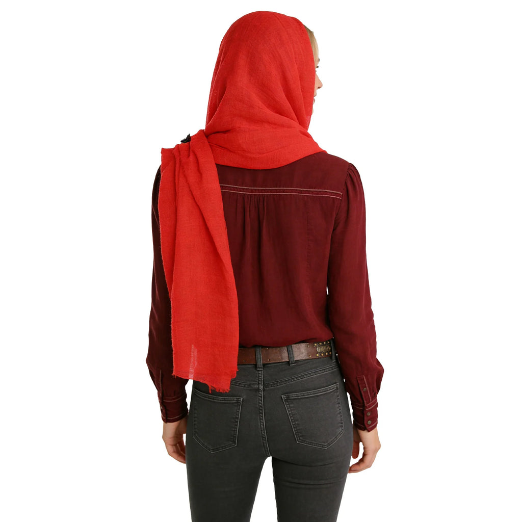 Red medieval hooded scarf shown draped down the back