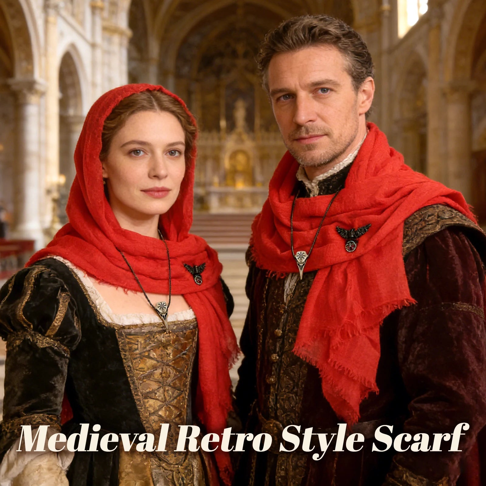 Red medieval hooded scarf styled on two adults in a Renaissance setting