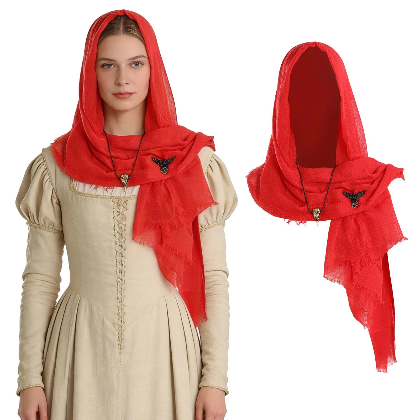 Woman wearing a red medieval hooded scarf with raven brooch and pendant