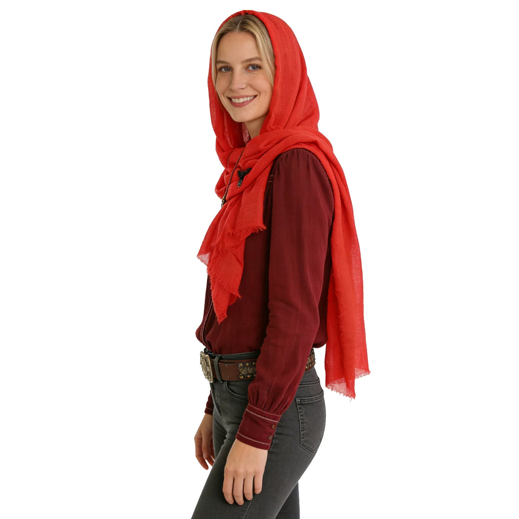 Red medieval hooded scarf shown from the front with fringed drape