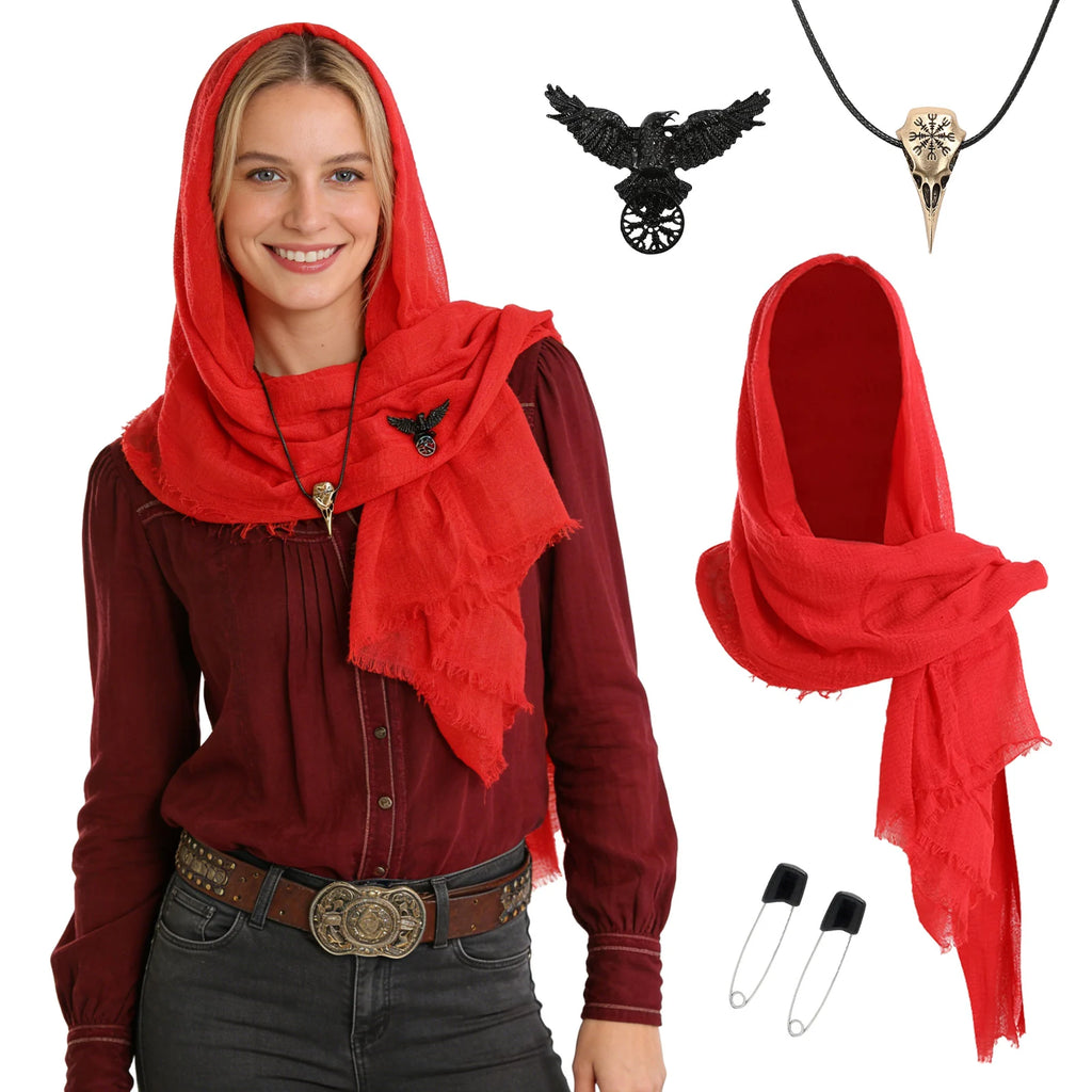 Women's red medieval hooded scarf set with black raven brooch and pendant