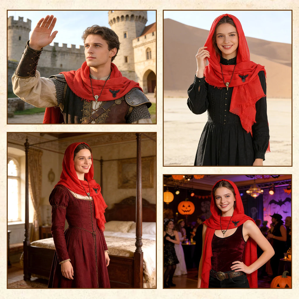 Red medieval hooded scarf shown in four costume styling ideas