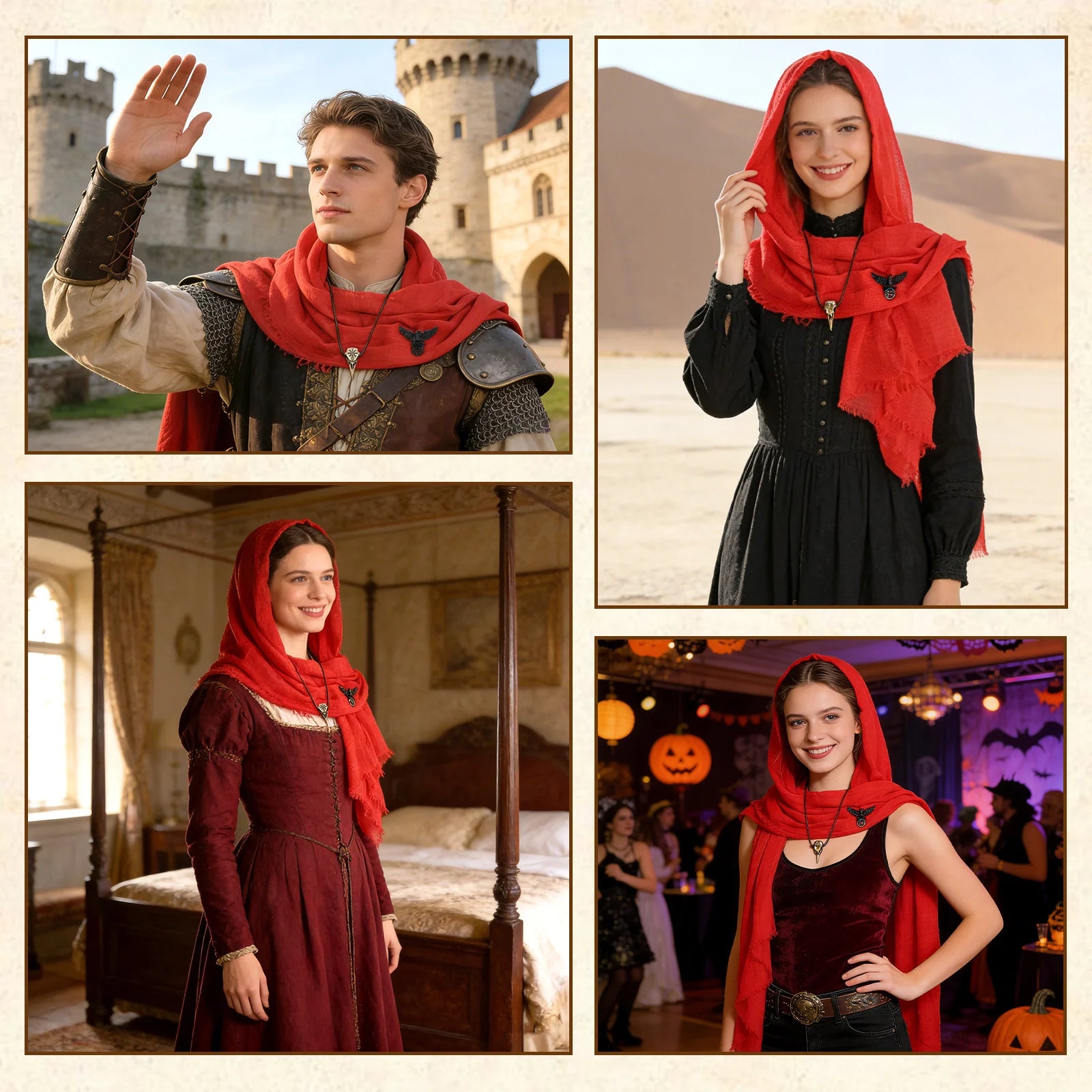 Red medieval hooded scarf shown in four costume styling ideas