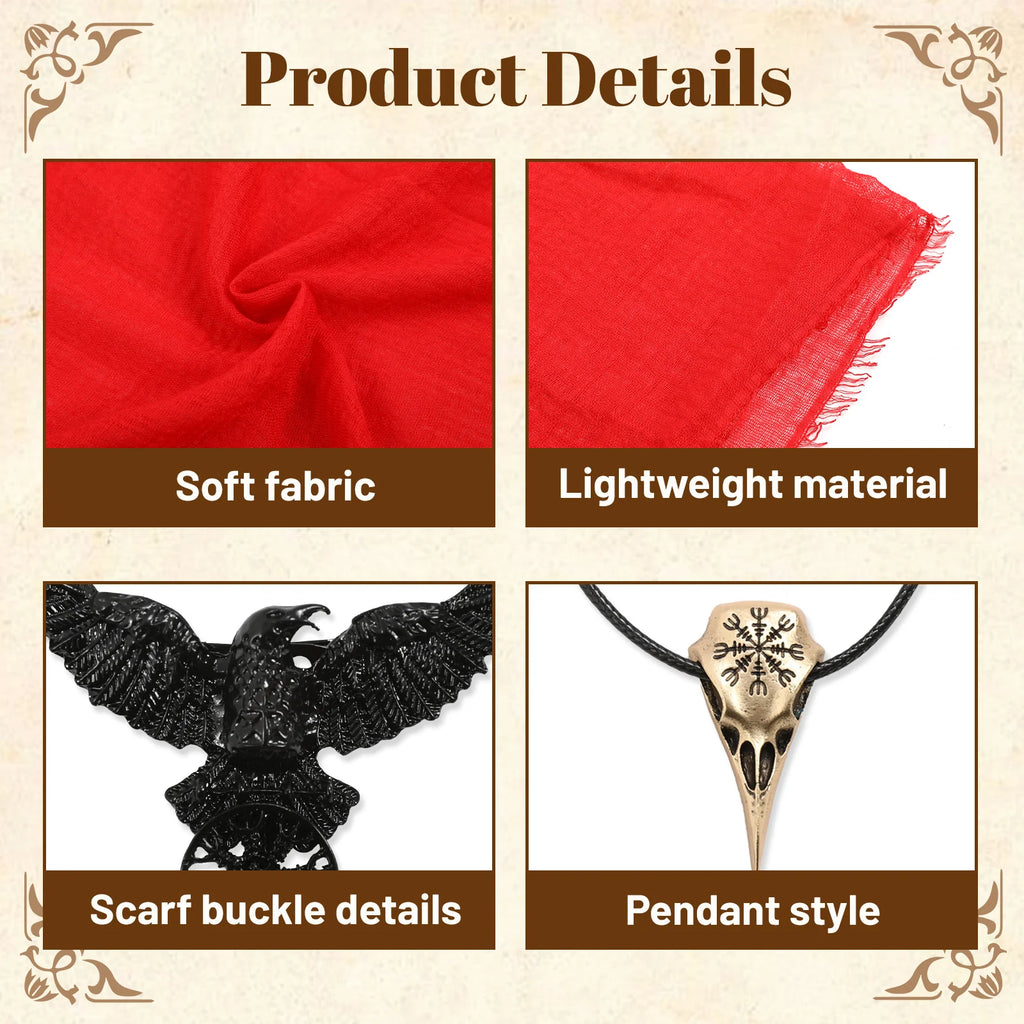 Lightweight scarf fabric, black raven brooch and pendant details