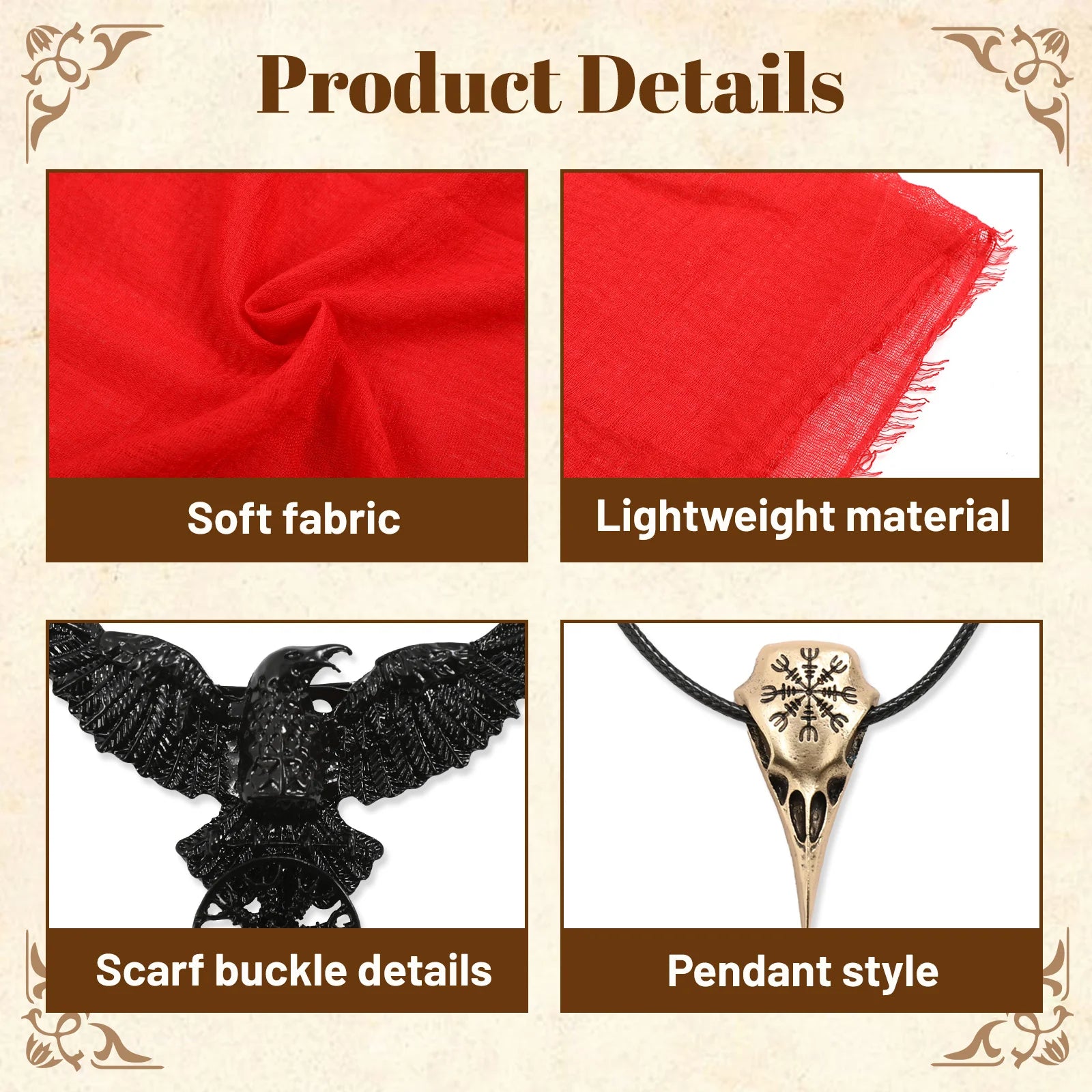 Lightweight scarf fabric, black raven brooch and pendant details