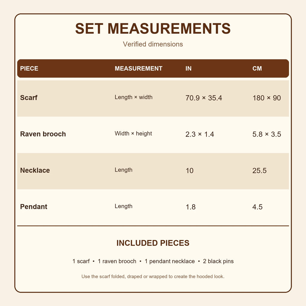 Medieval hooded scarf set measurements in inches and centimeters