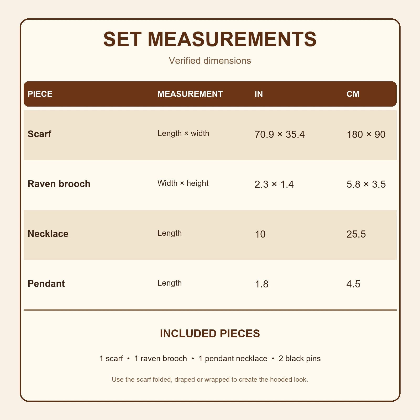 Medieval hooded scarf set measurements in inches and centimeters