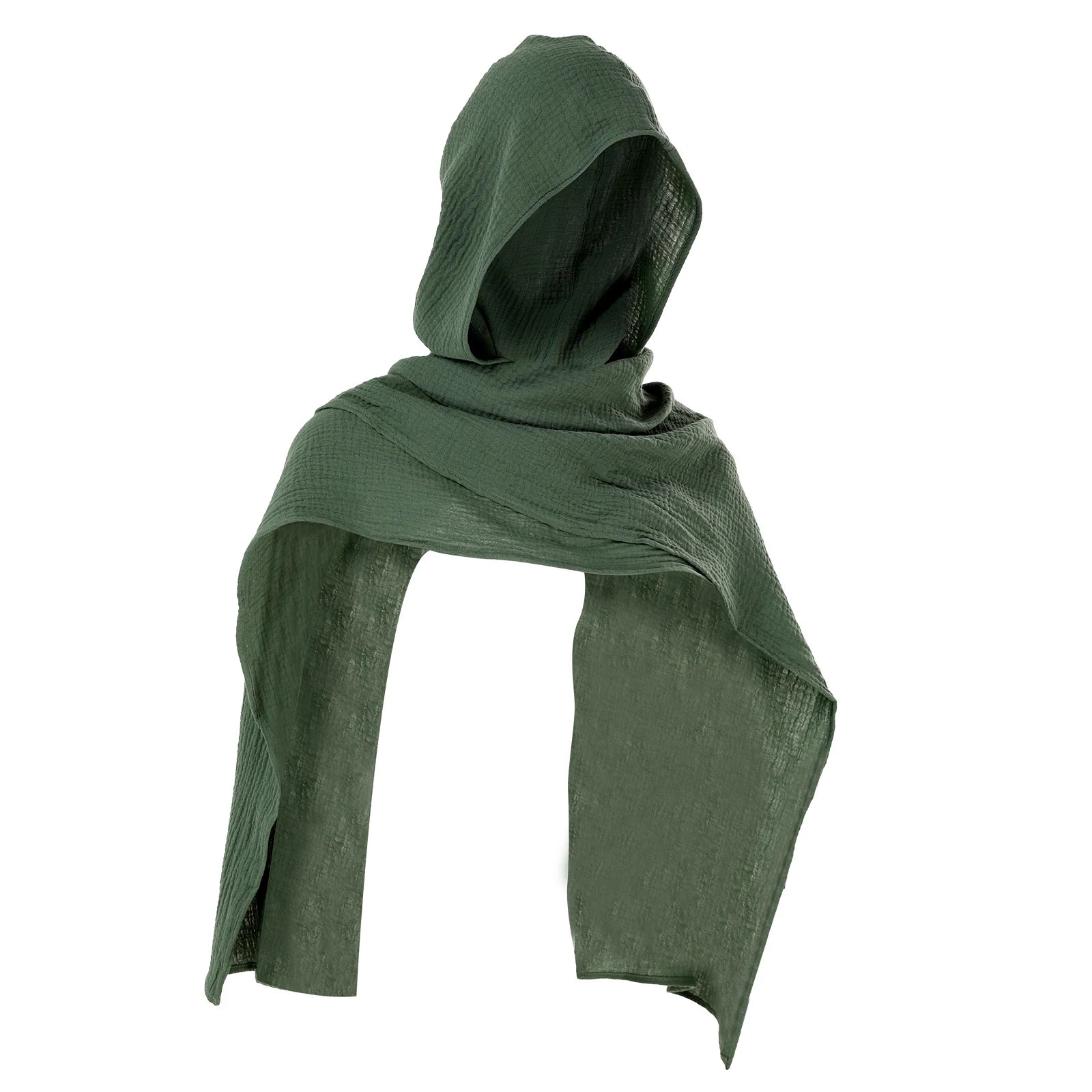Army green medieval hooded shawl worn over the head and shoulders