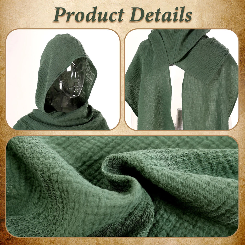 Army green hooded shawl showing textured polyester fabric and seams