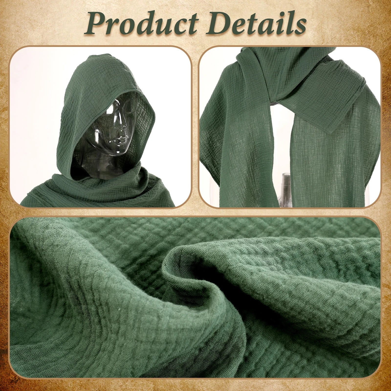 Army green hooded shawl showing textured polyester fabric and seams