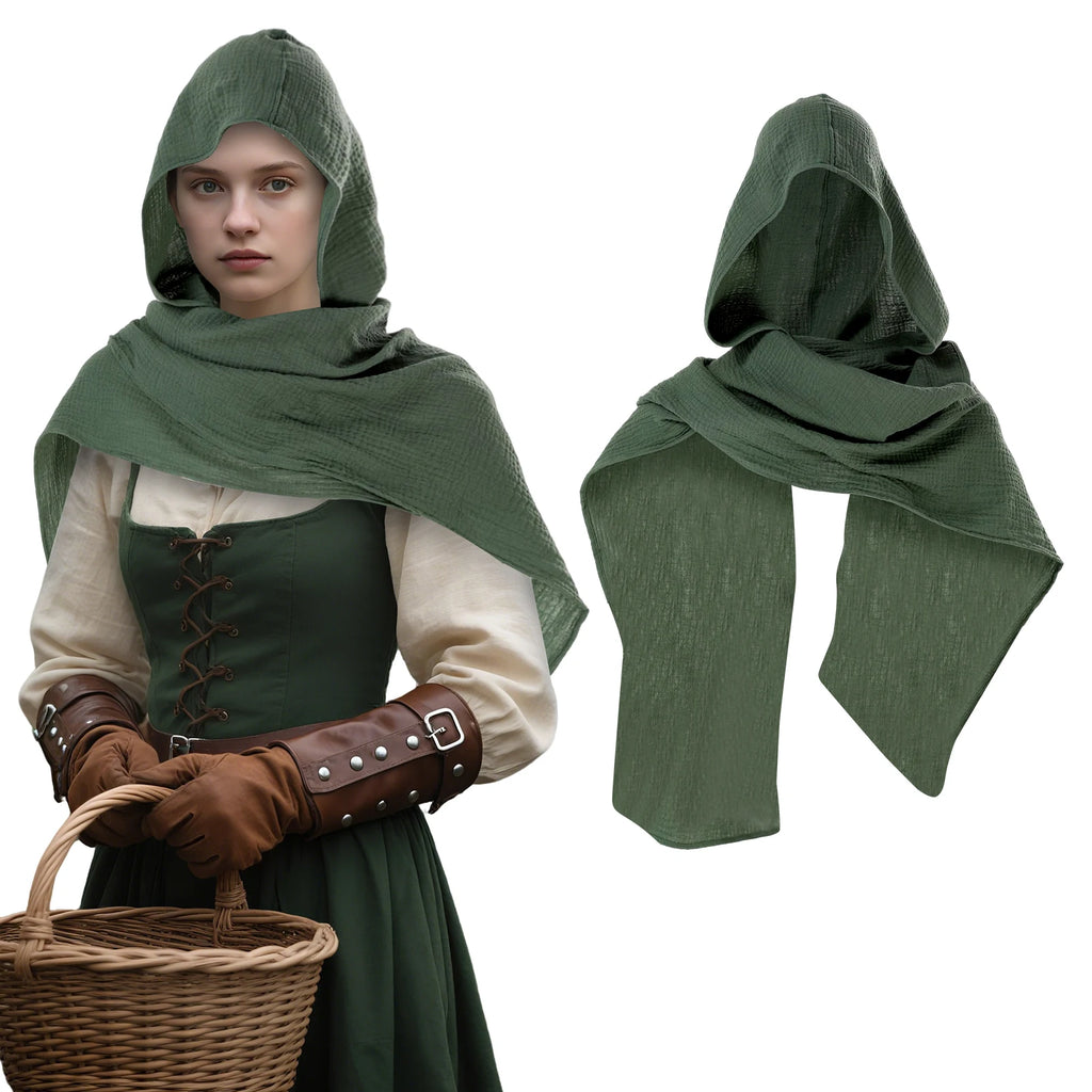 Army green medieval hooded shawl shown from the front and back