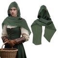 Army green medieval hooded shawl shown from the front and back