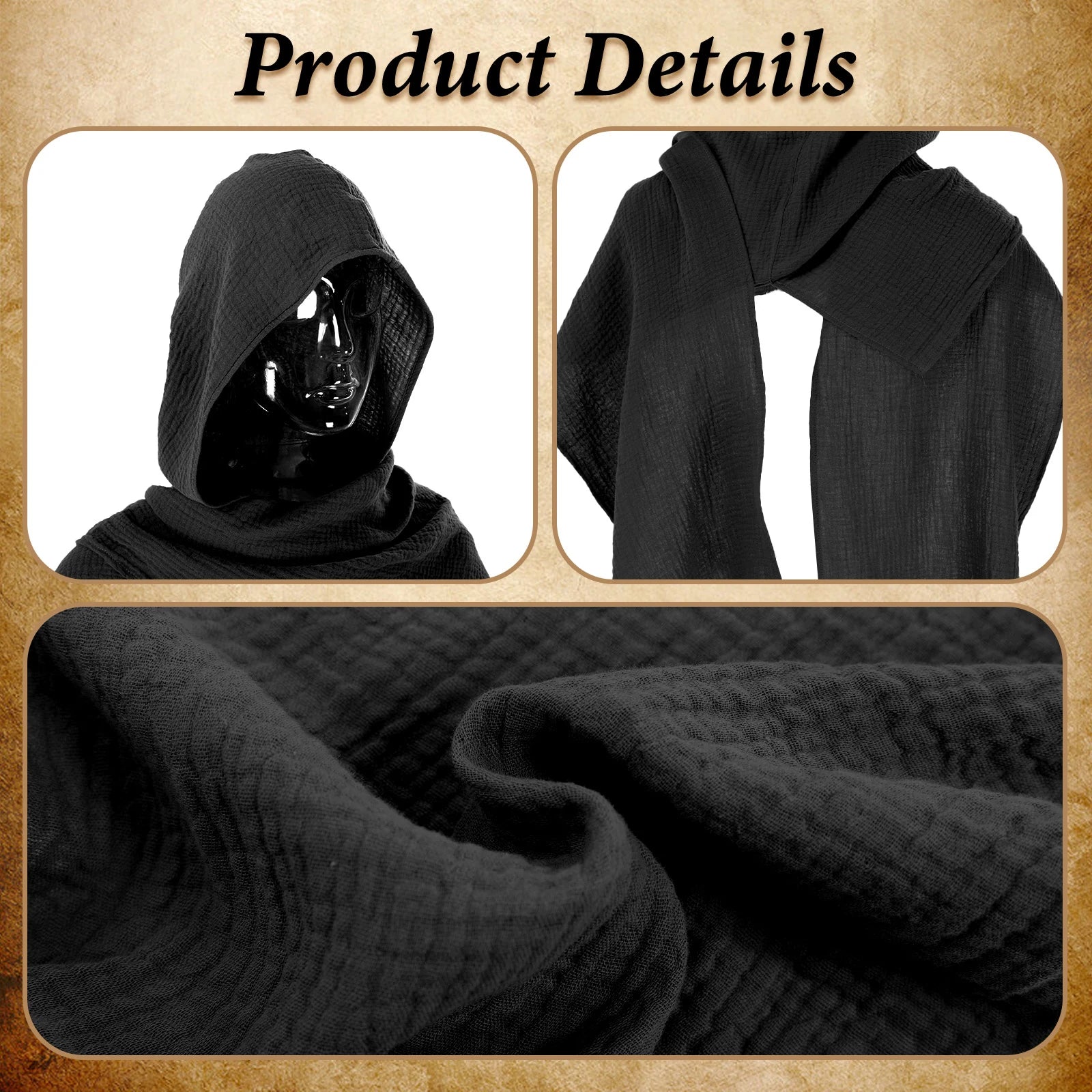 Black hooded shawl showing textured polyester fabric and seams