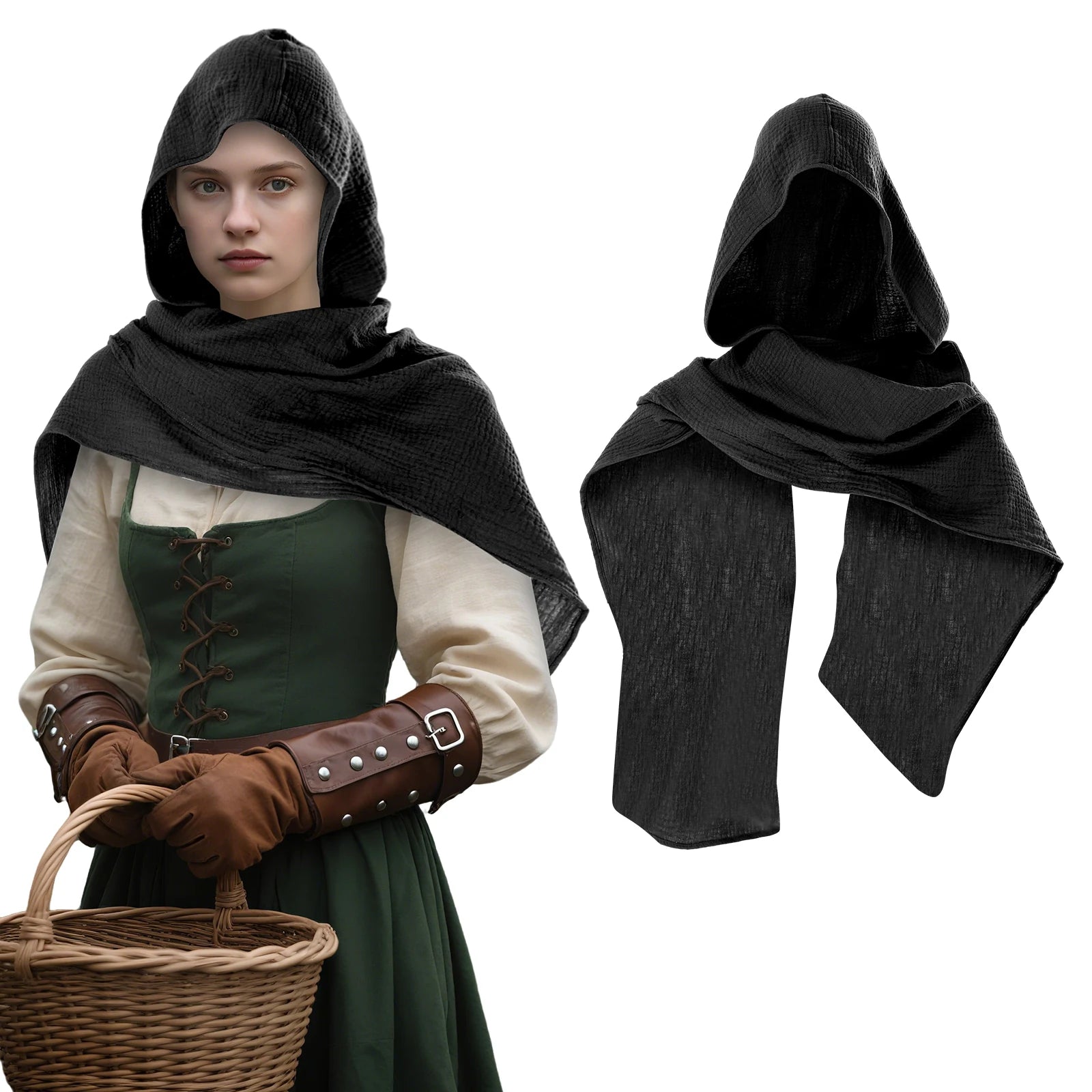 Black medieval hooded shawl shown from the front and back
