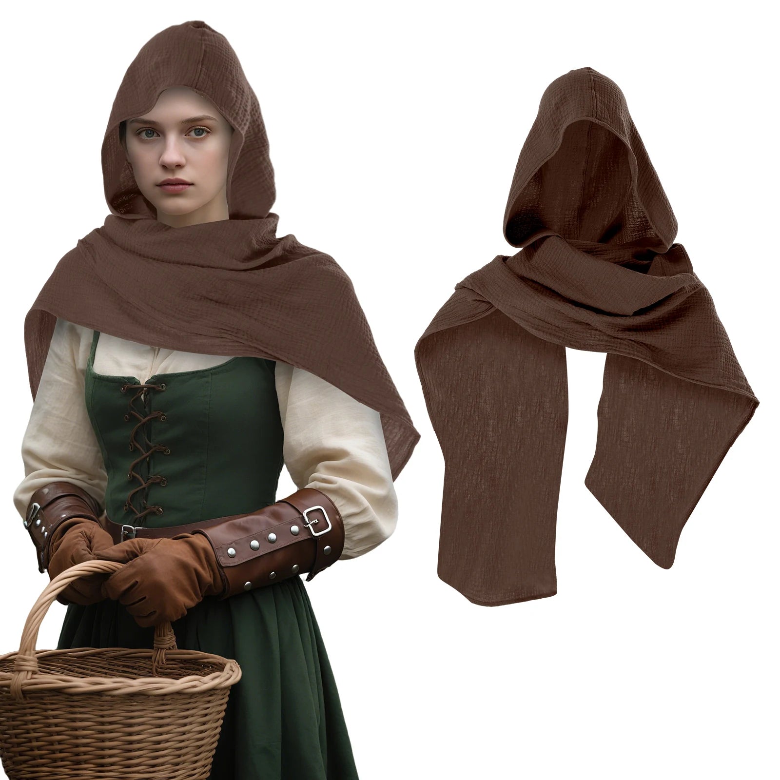 Dark brown medieval hooded shawl shown from the front and back