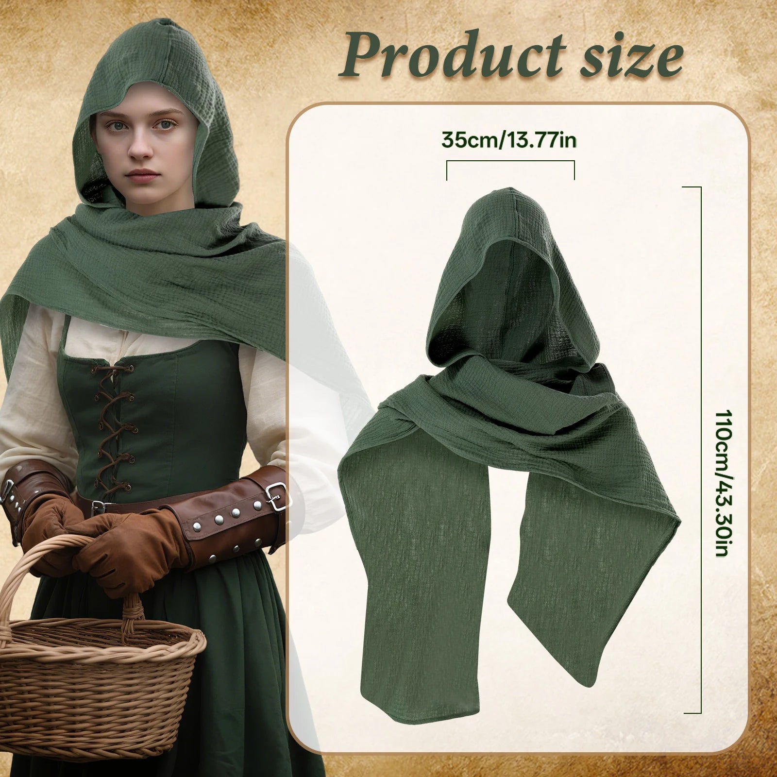 Medieval hooded shawl size guide showing 110 cm length and 35 cm hood width