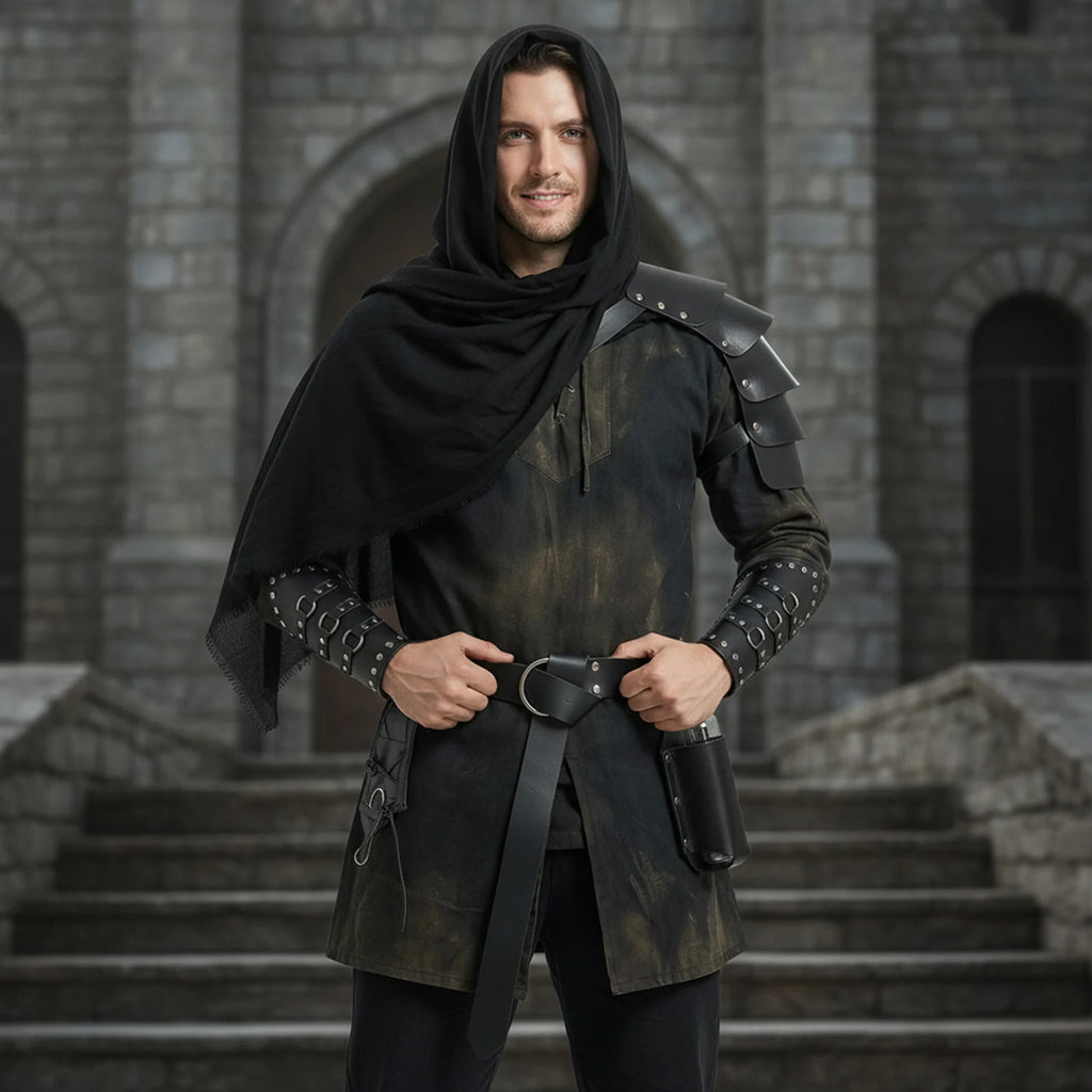 Black medieval costume shoulder harness and hooded veil shown from the back