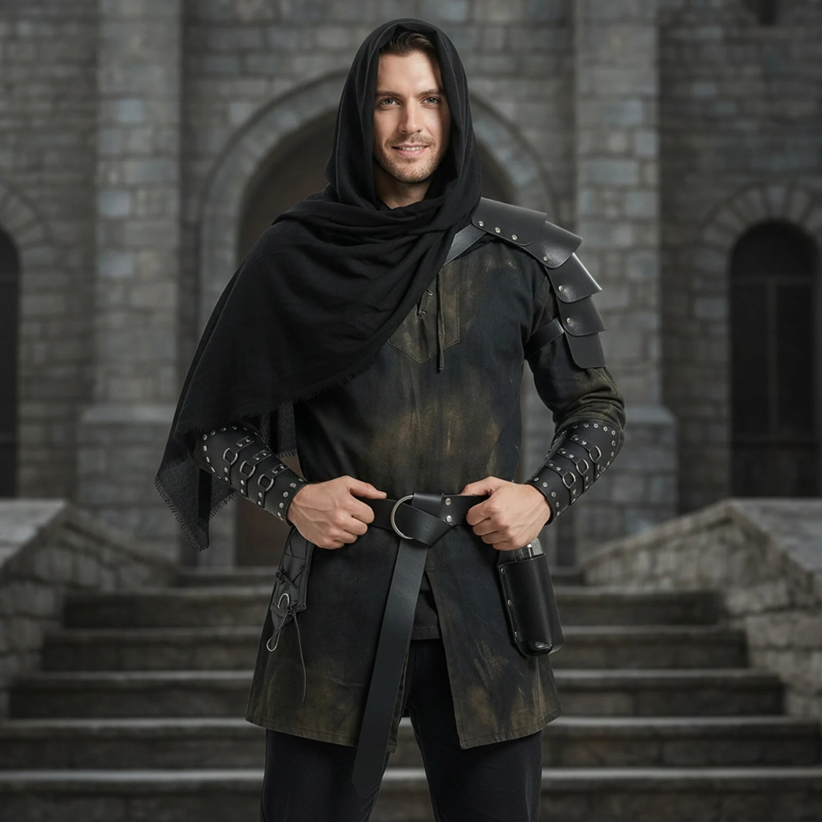 Black medieval costume shoulder harness and hooded veil shown from the back
