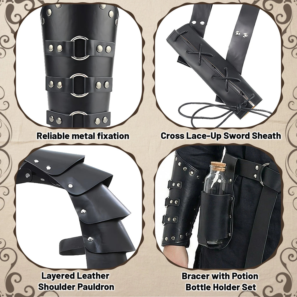 Black lace-up vambraces and leather-look costume accessory construction