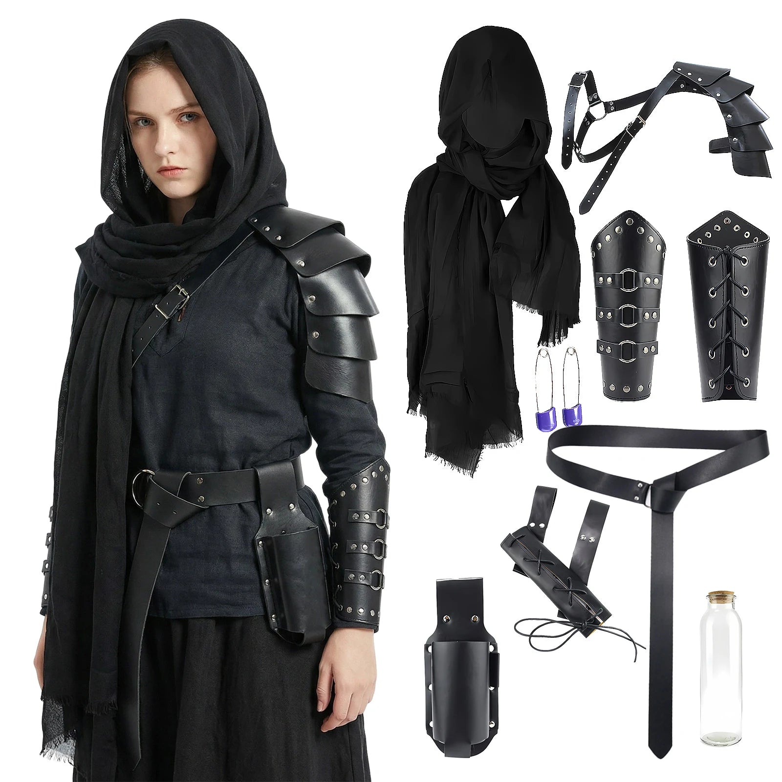 Adult wearing black medieval knight costume accessories from the front