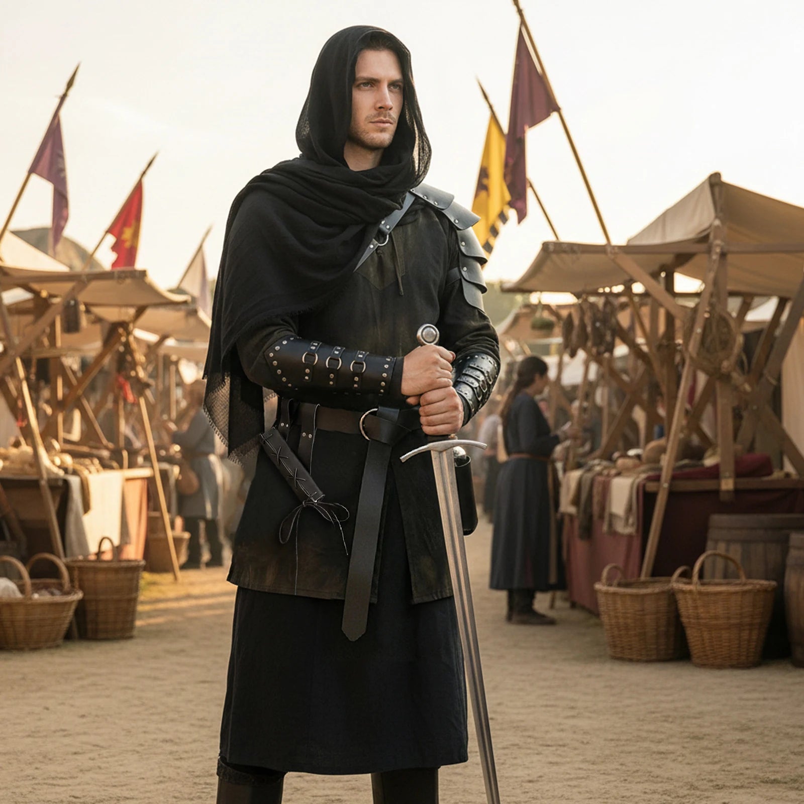 Adult styled in black medieval knight costume accessories in a fantasy setting