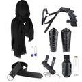 Black medieval knight costume accessories with hooded veil, shoulder armor, bracers, belt and bottle