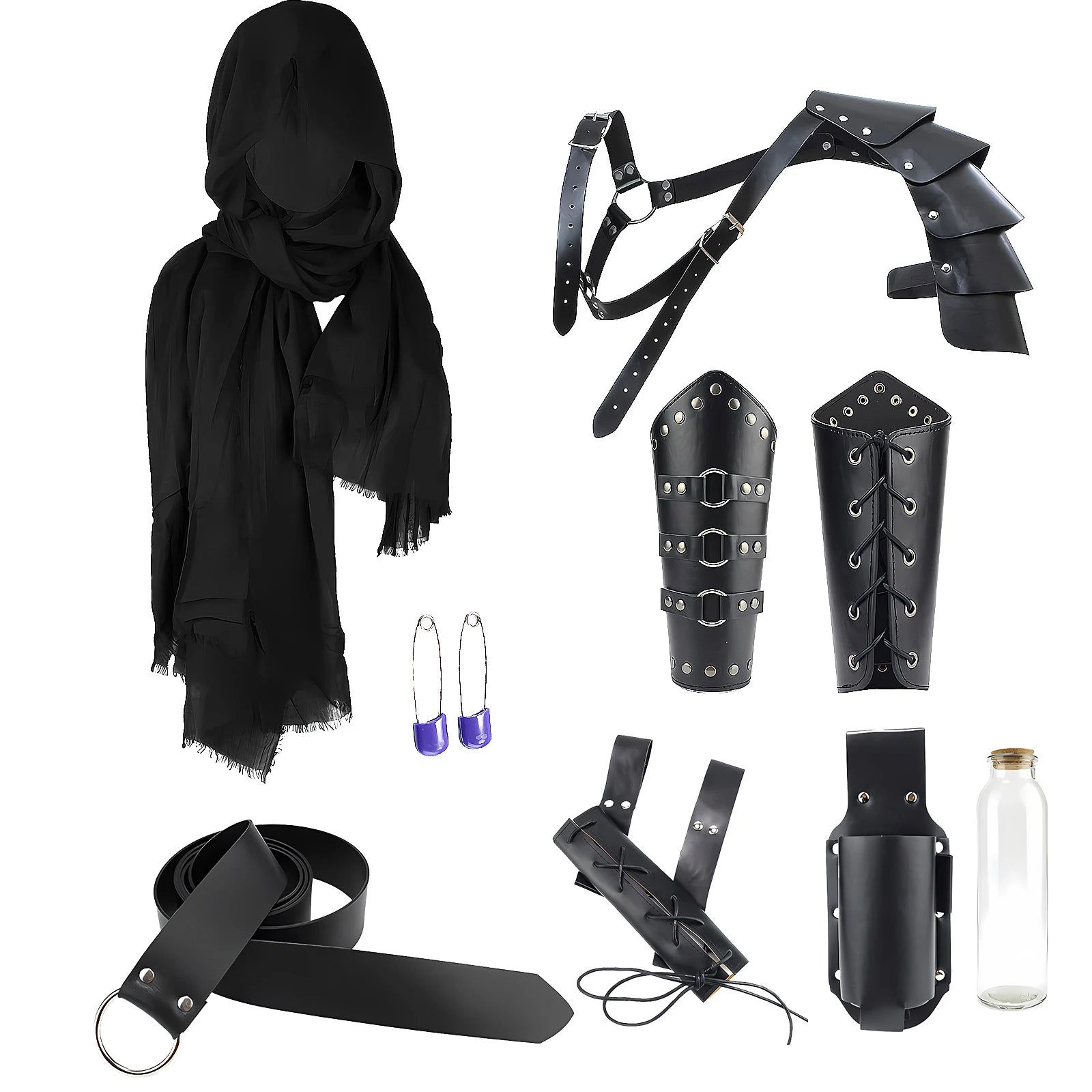 Black medieval knight costume accessories with hooded veil, shoulder armor, bracers, belt and bottle