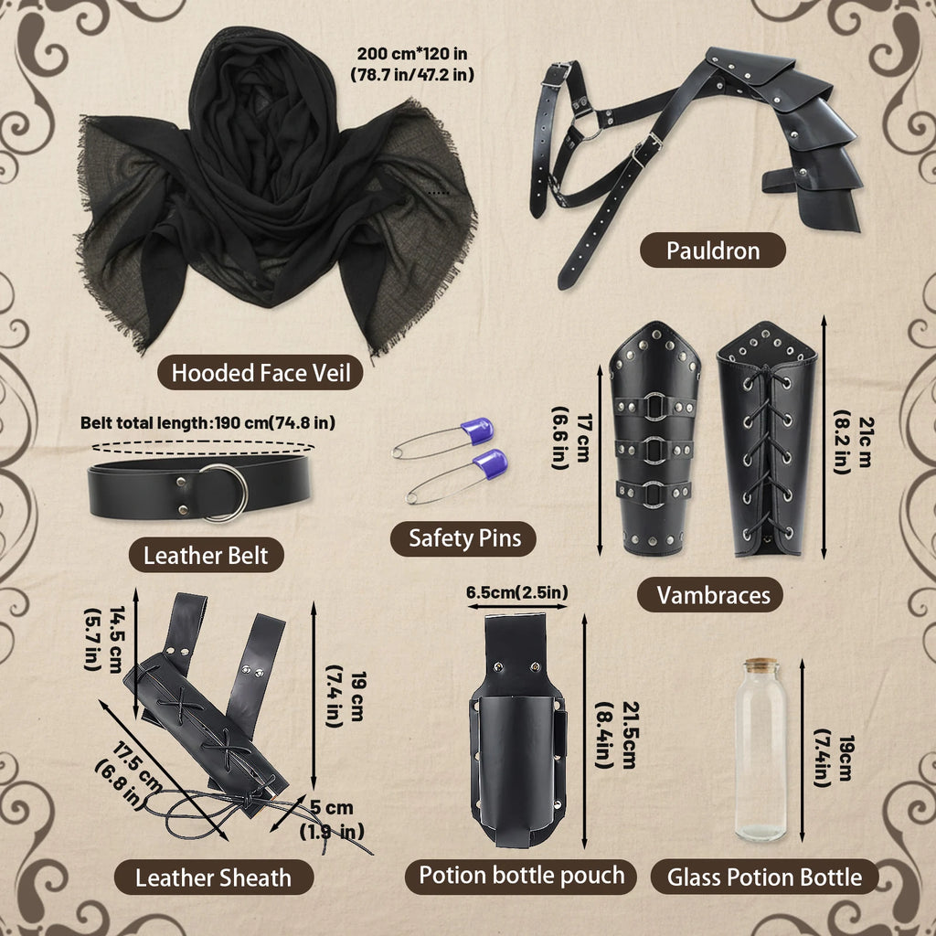 Black medieval knight costume accessories with verified measurements