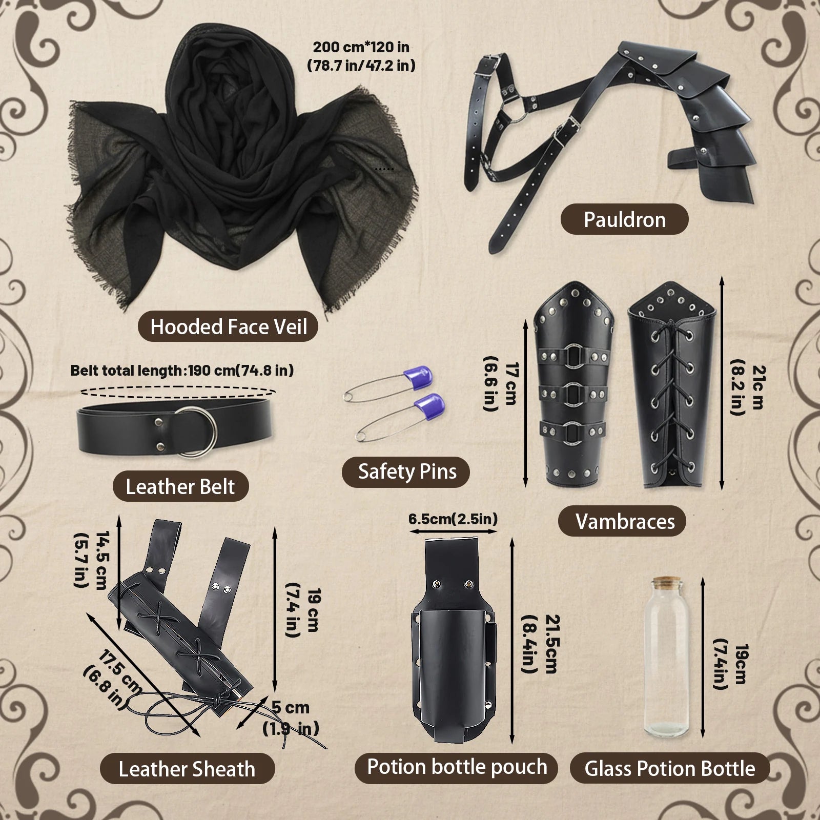 Black medieval knight costume accessories with verified measurements