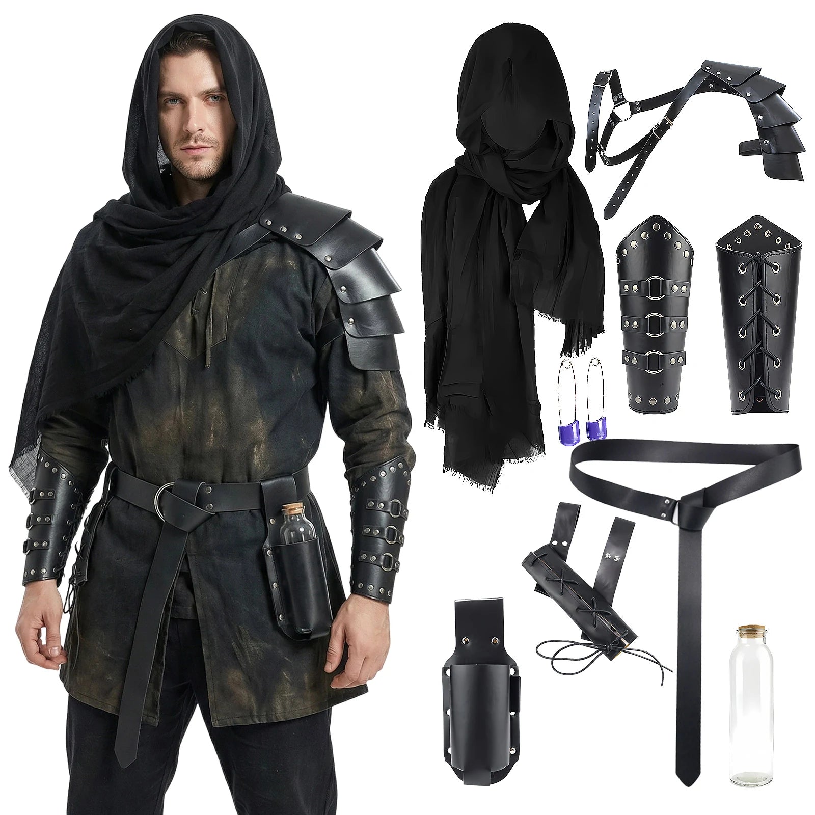 Black medieval costume accessory set arranged to show included pieces