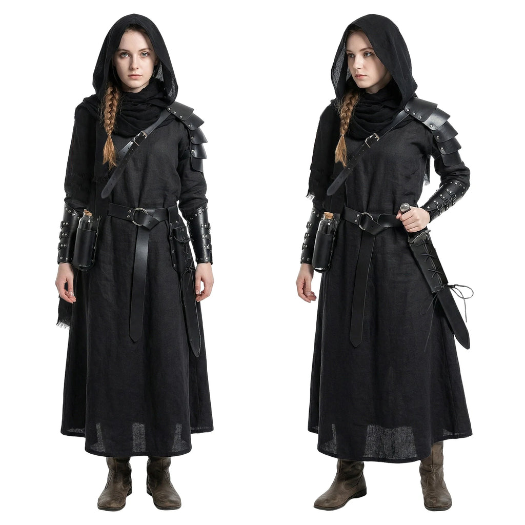 Black medieval knight shoulder armor and hooded veil shown from the side