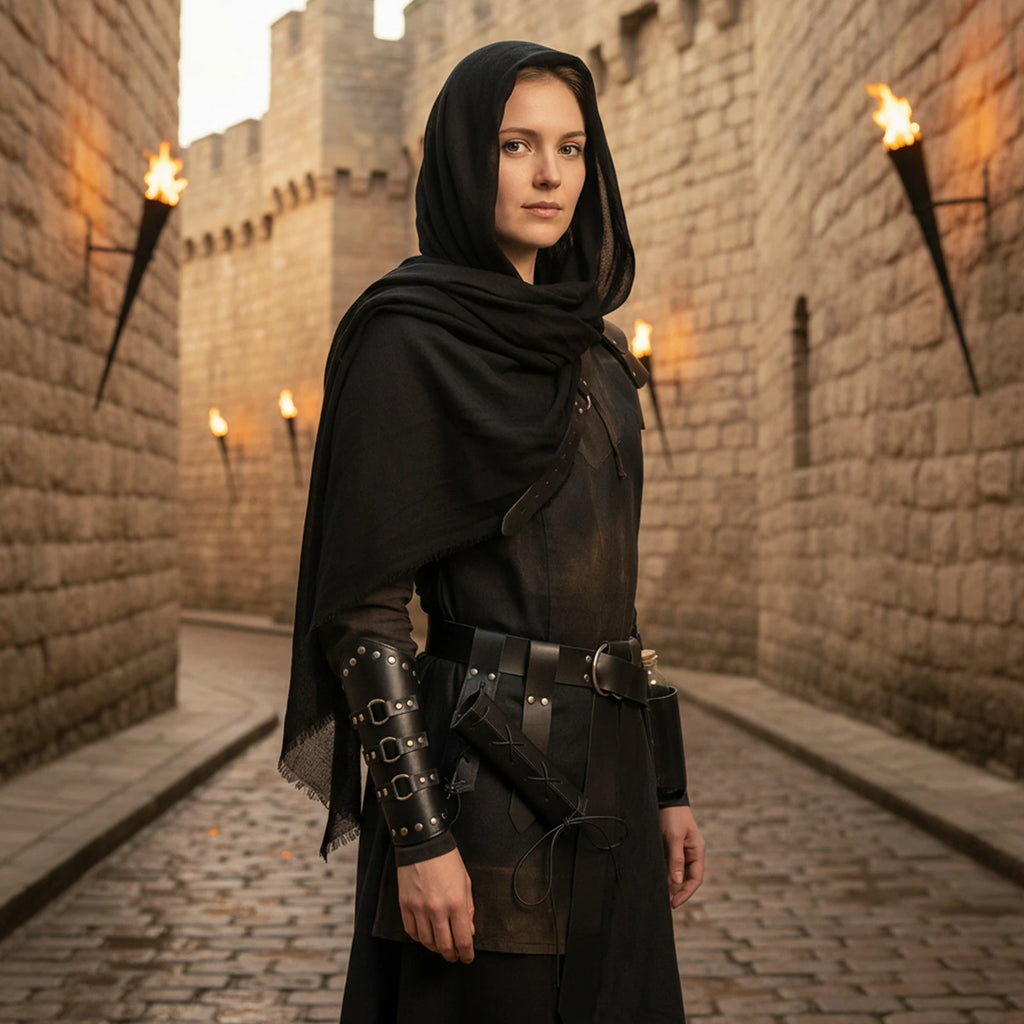 Black medieval knight armor accessories layered over a costume