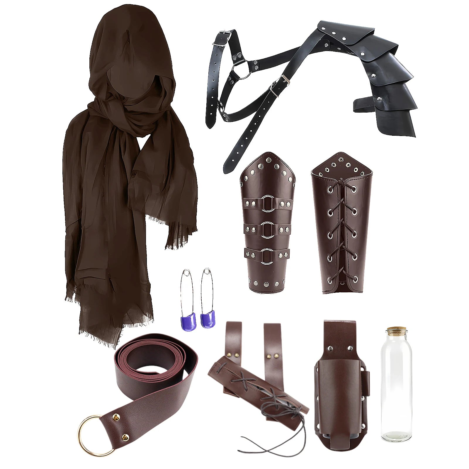 Brown medieval knight costume accessories with shoulder armor, bracers and belt