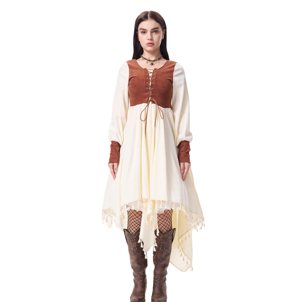 Angled view of the brown lace-up medieval peasant dress