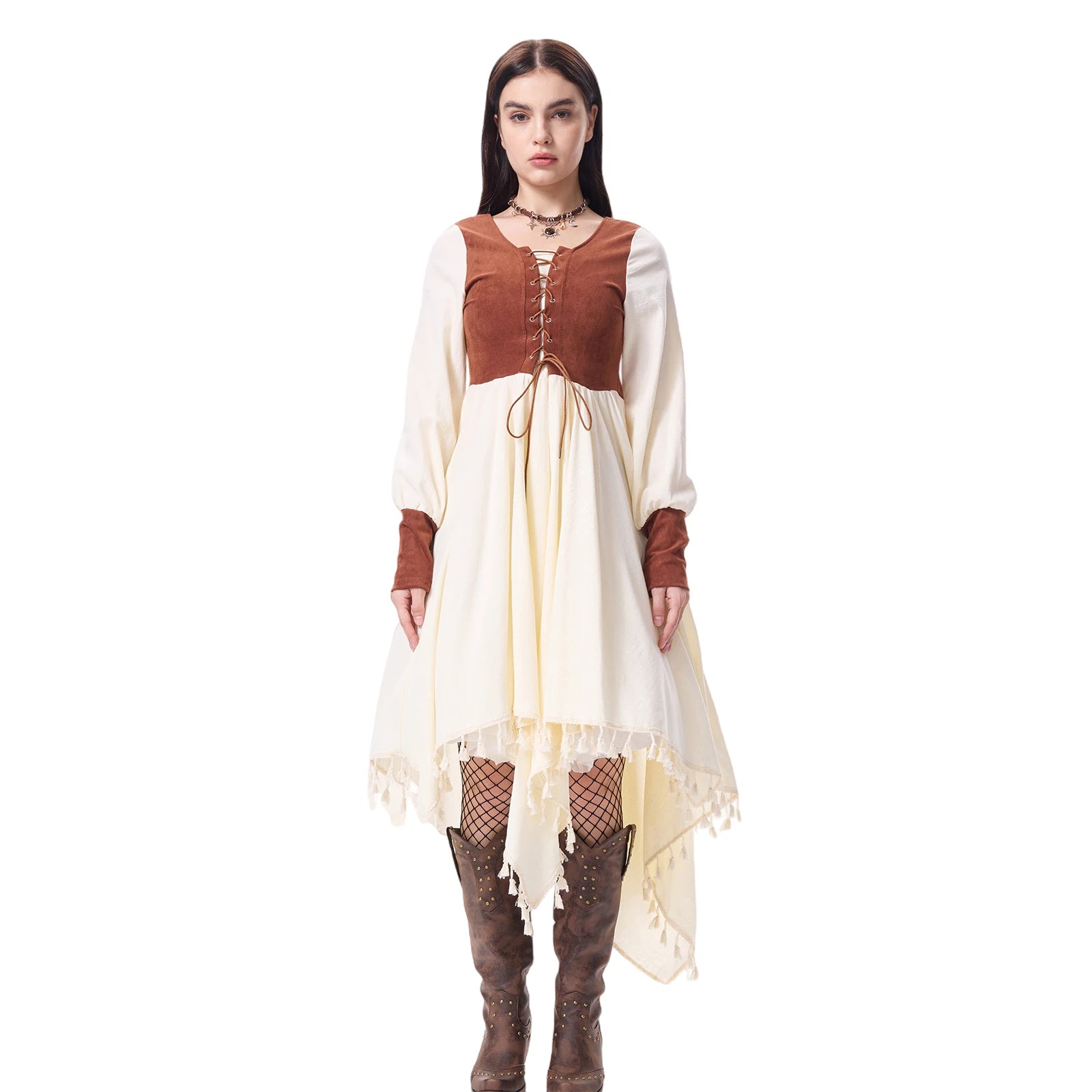 Angled view of the brown lace-up medieval peasant dress