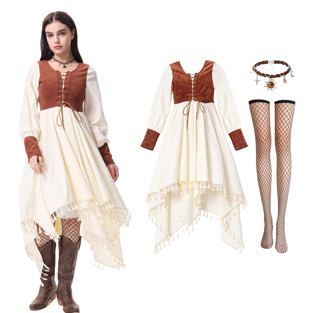 Women's brown and ivory medieval peasant costume with choker and fishnet stockings