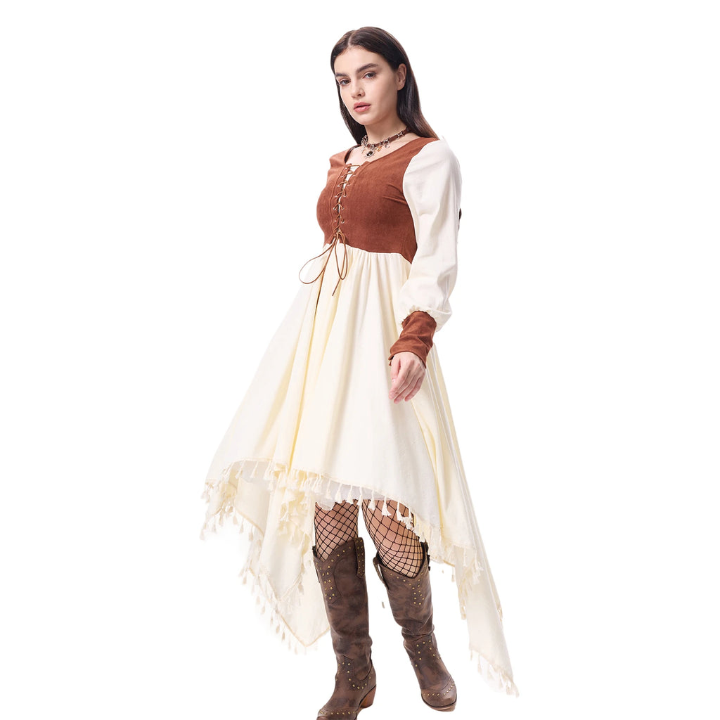 Side view of the brown and ivory high-low medieval dress