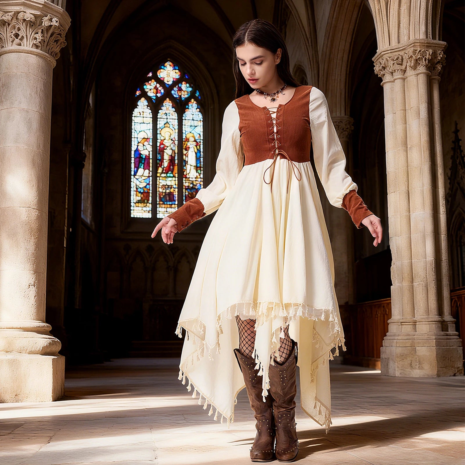 Woman wearing a brown and ivory medieval peasant costume with celestial choker in a Gothic stone hall