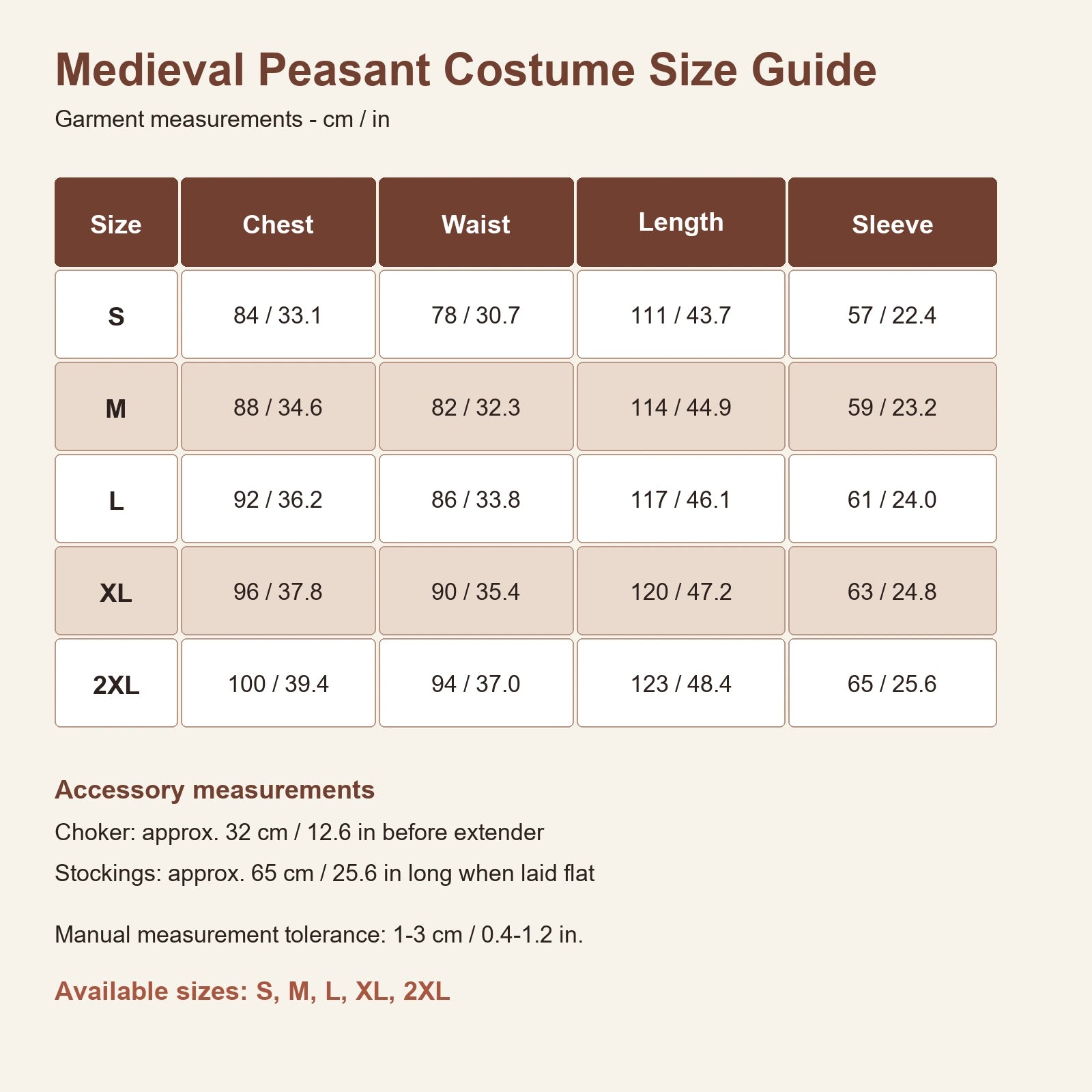 Medieval peasant costume size guide for S through 2XL