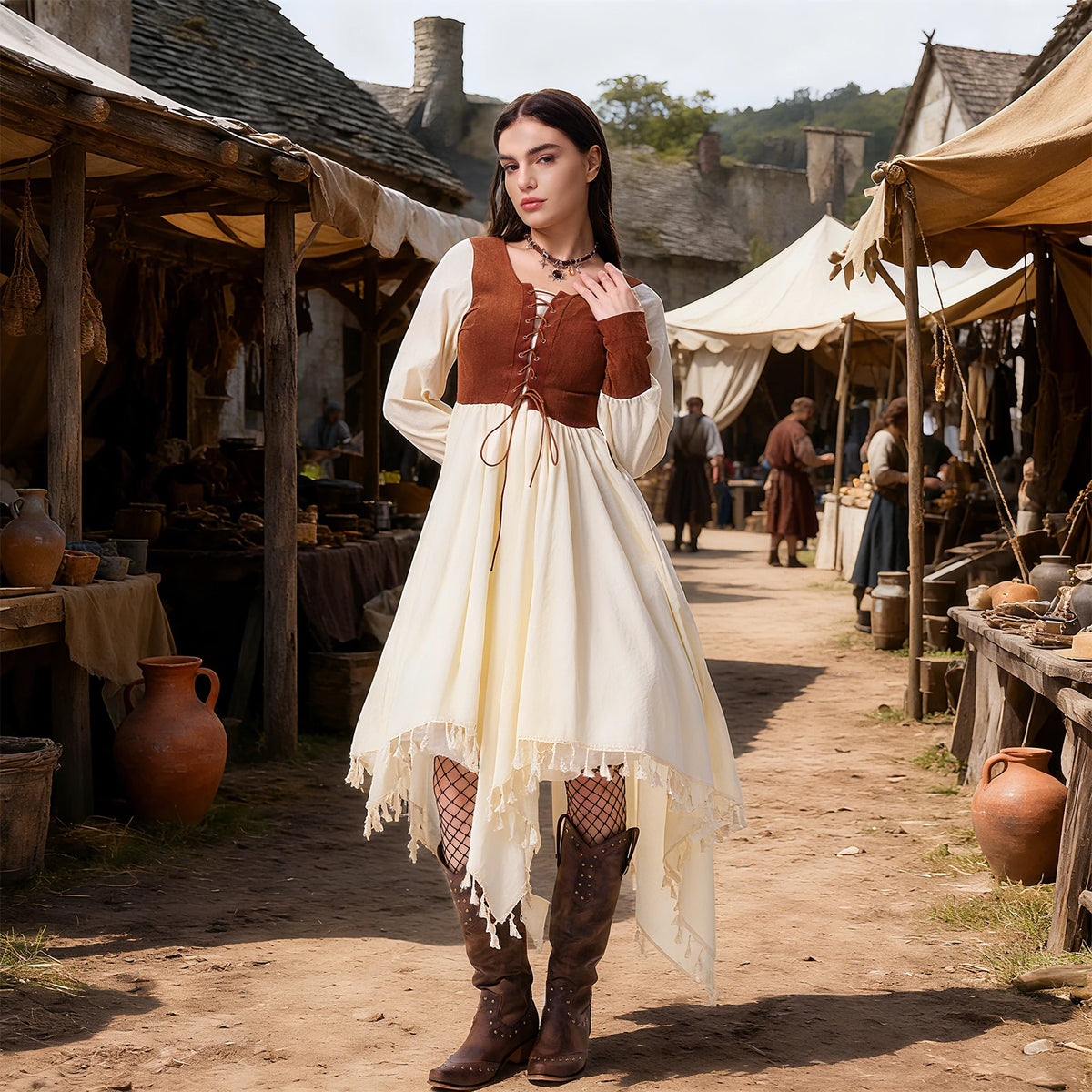 Woman wearing a modern brown and ivory medieval-inspired costume at a village market