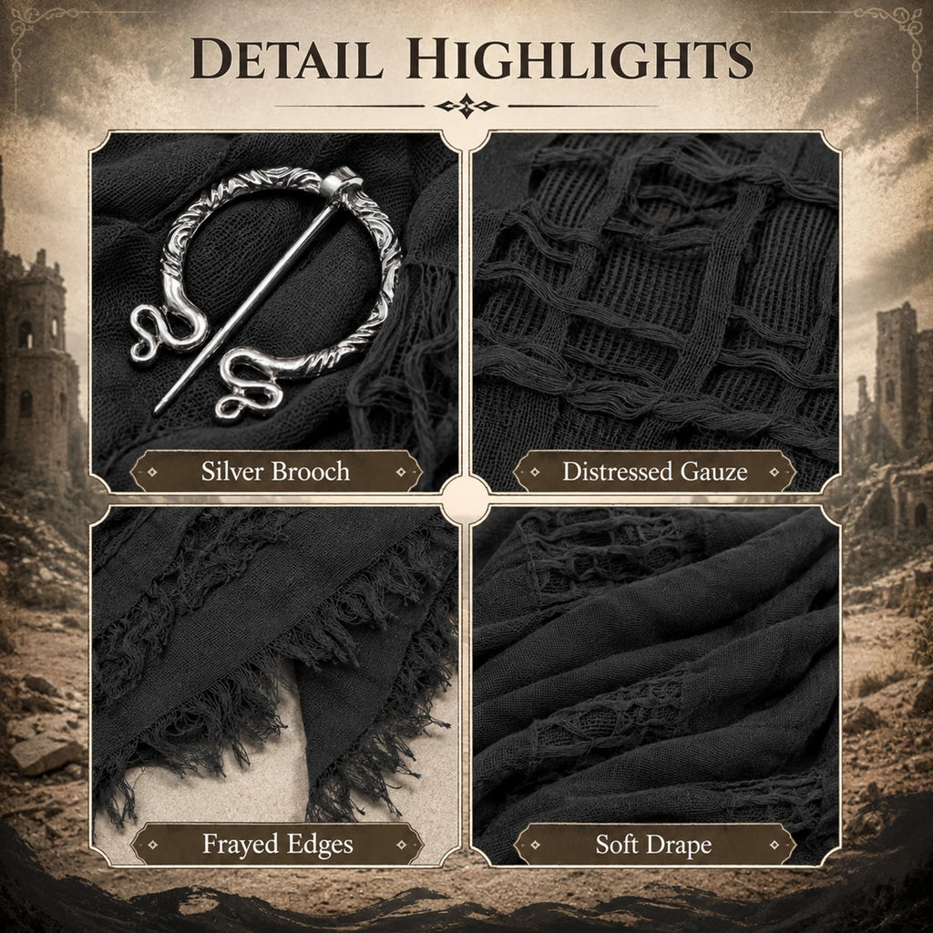 Black distressed medieval shawl fabric and brooch detail