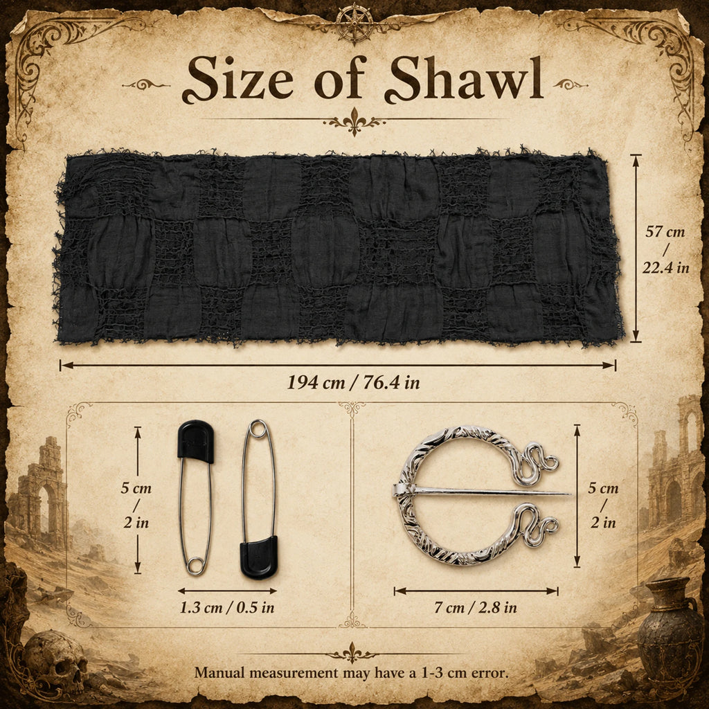 Black medieval shawl 3-piece set with shawl brooch and black pin plus dimensions