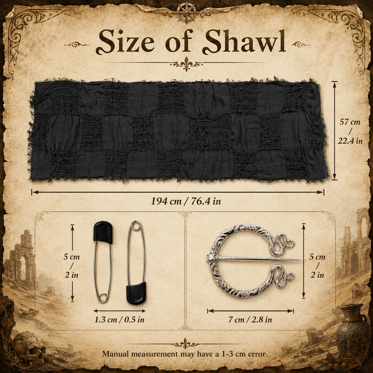 Black medieval shawl 3-piece set with shawl brooch and black pin plus dimensions