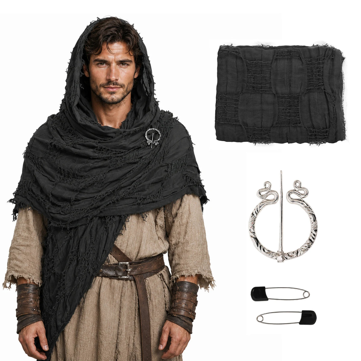 Black distressed medieval shawl 3-piece set with antique-tone brooch and black pin