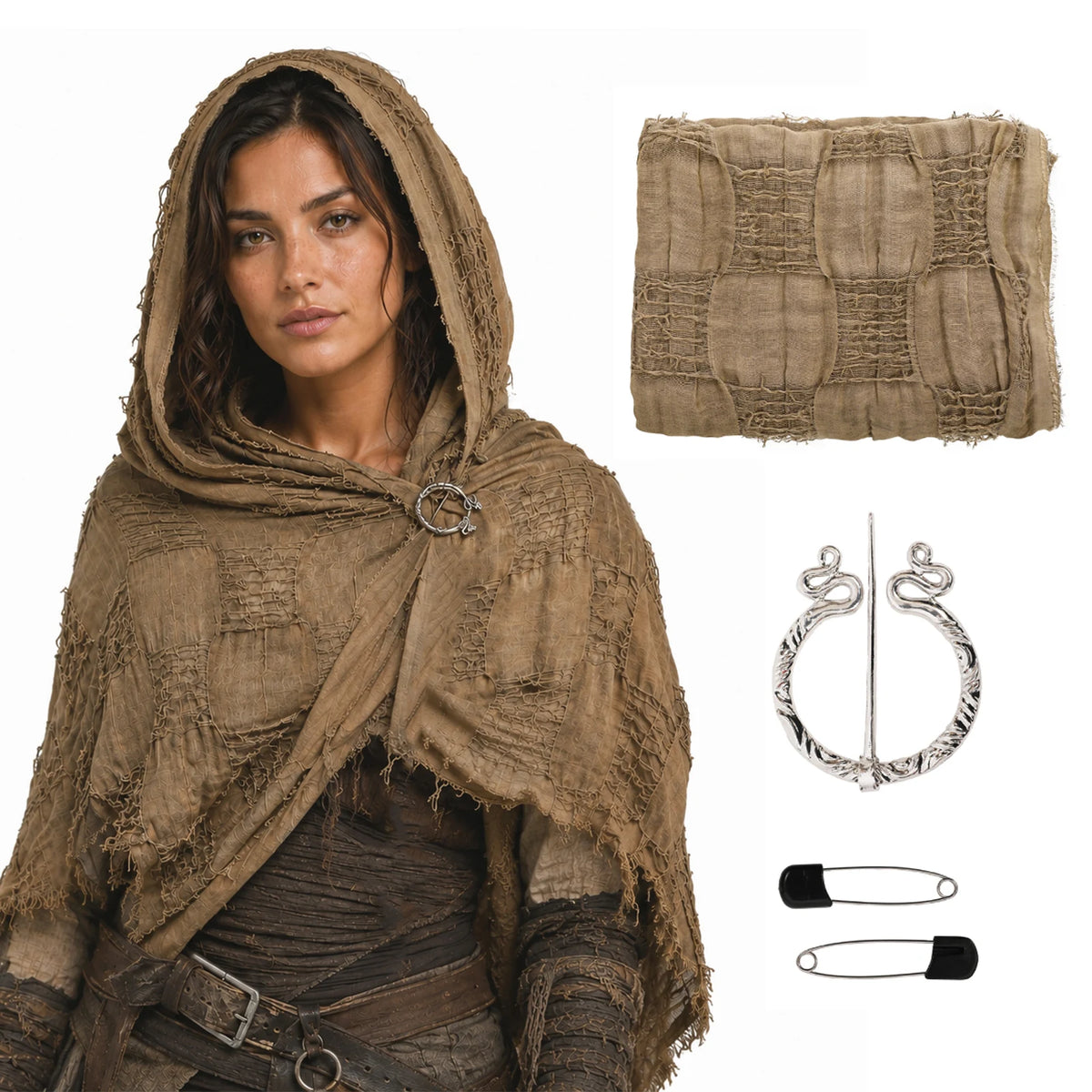 Brown distressed medieval shawl 3-piece set with antique-tone brooch and black pin