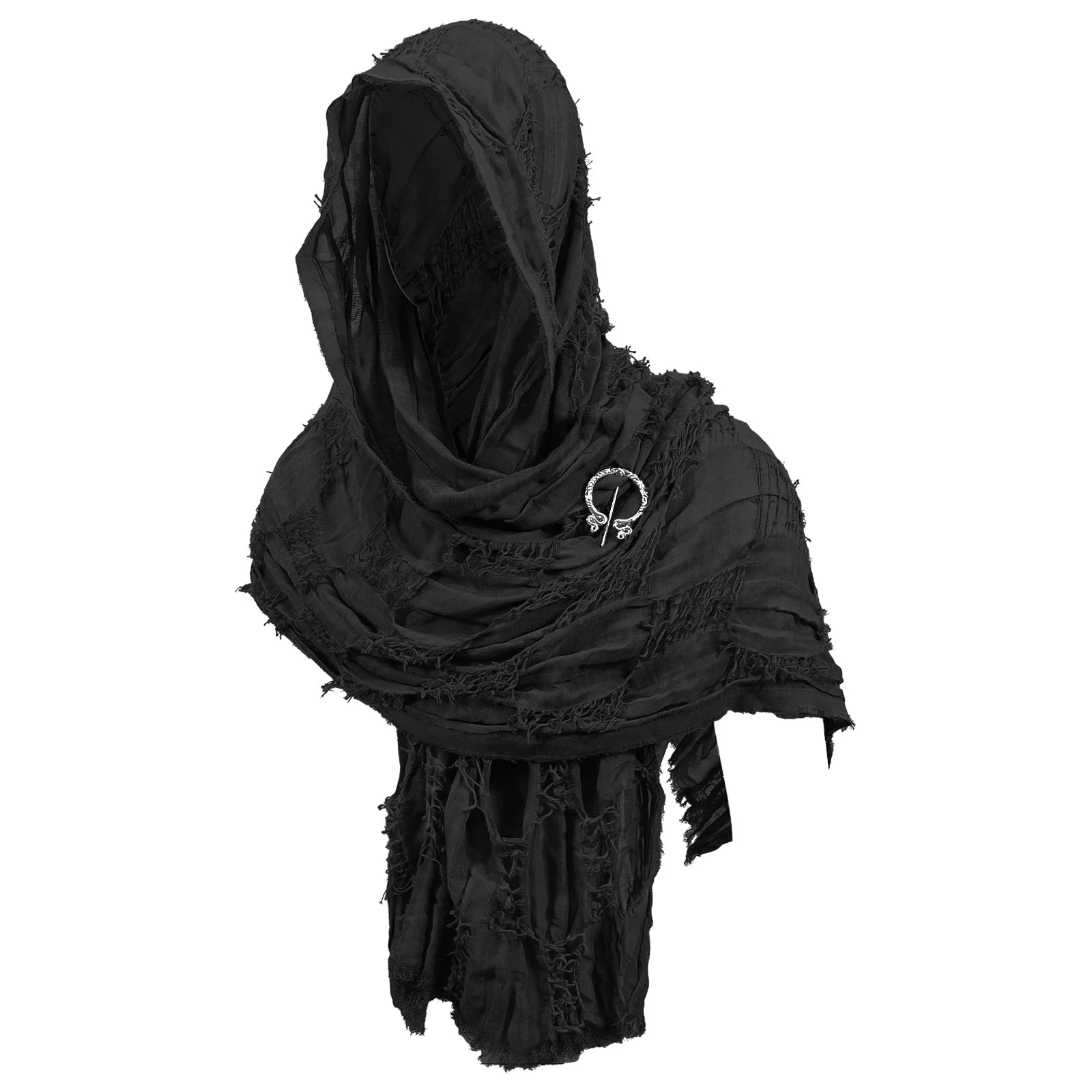 Black distressed medieval shawl draped as a hood and shoulder wrap