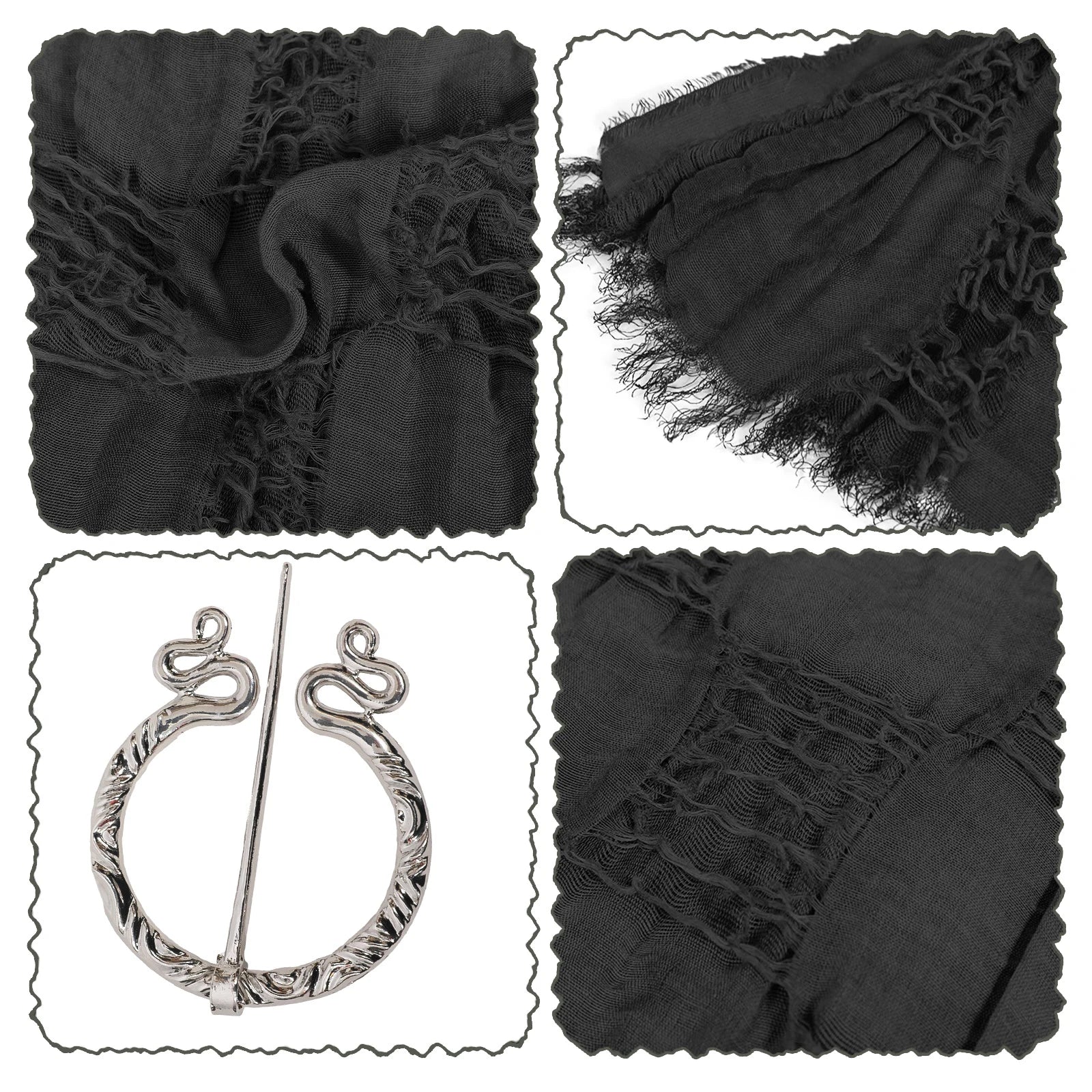 Black medieval shawl fabric, distressed weave and snake brooch details