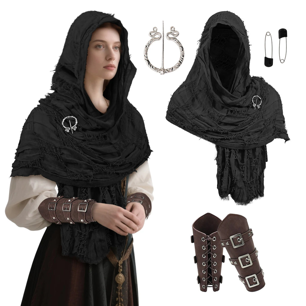 Black distressed medieval shawl set with snake brooch, pin and wrist cuffs