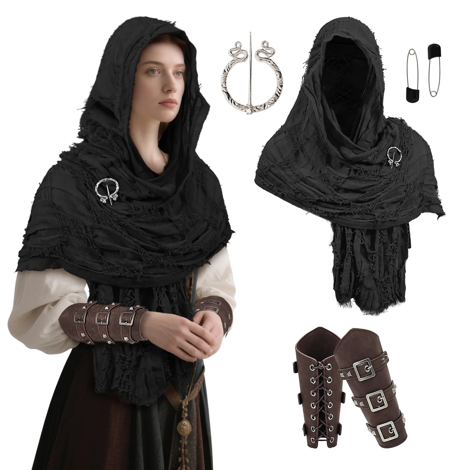 Black distressed medieval shawl set with snake brooch, pin and wrist cuffs