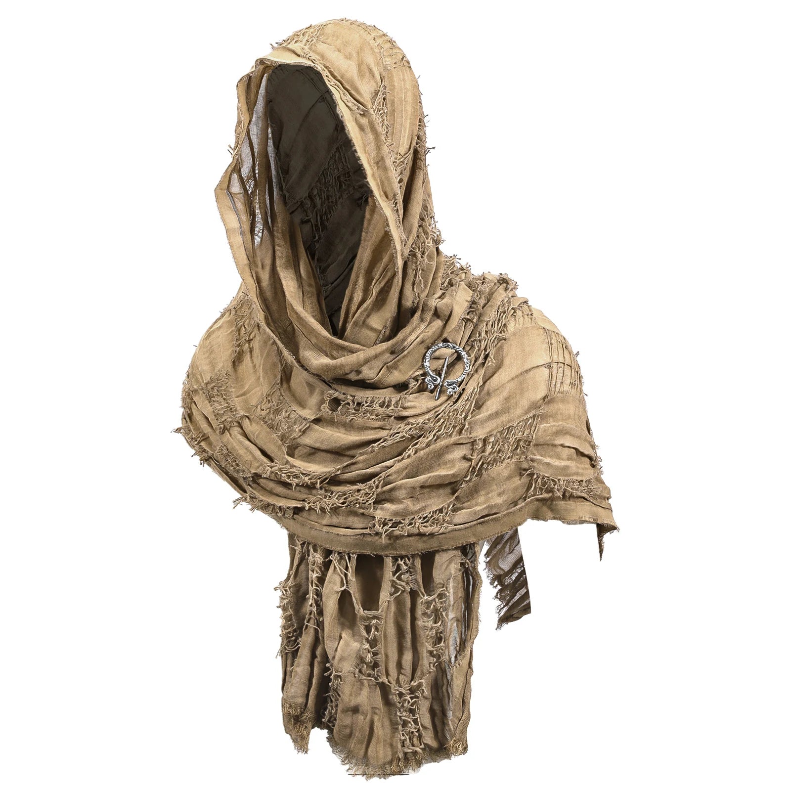 Brown distressed medieval shawl draped as a hood and shoulder wrap